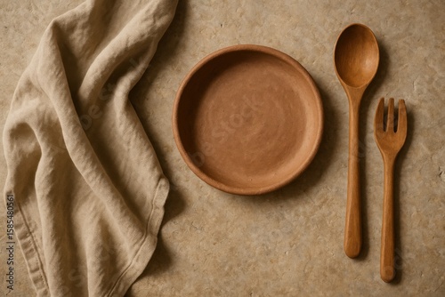 Rustic dining setup with wooden utensils and a clay plate