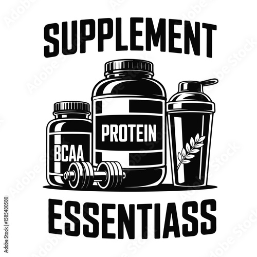 Black and white vector illustration of supplement essentials including protein jar creatine BCAA bottle and shaker