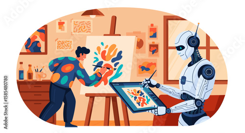 A human artist and a robot collaborate on a vibrant abstract painting in a cozy art studio, showcasing creative technology and artistic innovation.