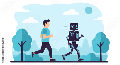 A modern illustration depicts a man jogging outdoors alongside an advanced humanoid robot, symbolizing technological progress and integration in daily life.