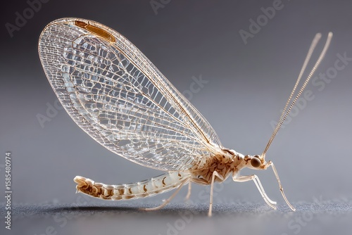 Close-up of a delicate lacewing insect displaying intricate wing patterns against a soft background