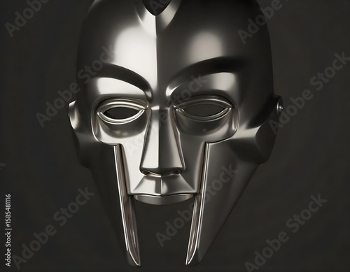 A metallic mask with a sharp design, featuring prominent cheek guards and a pointed top. The mask is shiny and reflects light, set against a white background