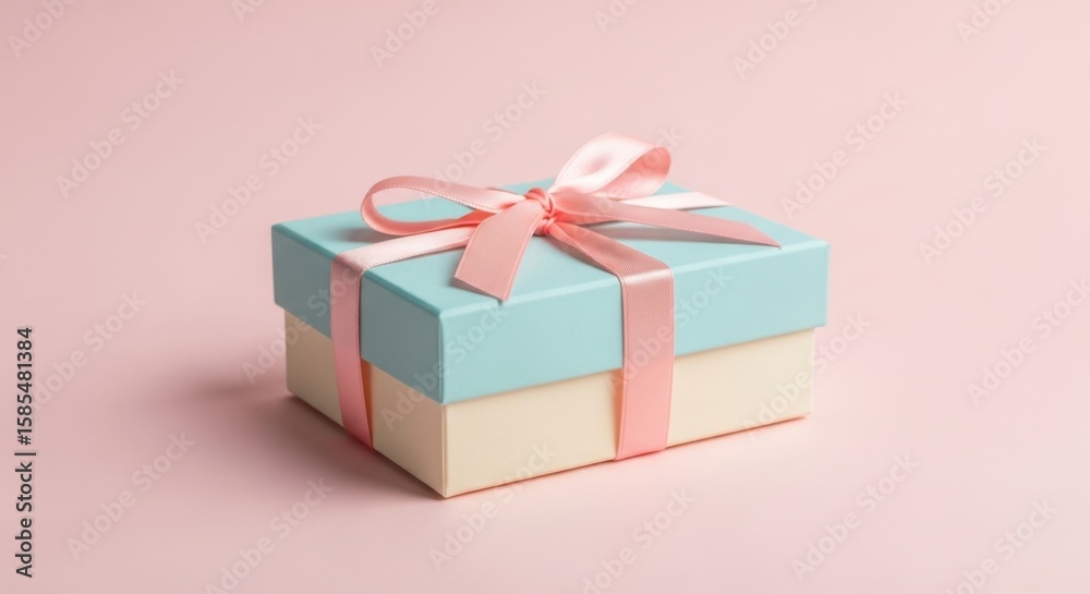Fototapeta premium A light blue gift box with a pink ribbon and bow sits on a pink background