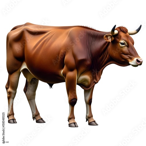 Brown cow with no horns, standing on a white background , looking to the right , with its eyes closed , in a studio shot