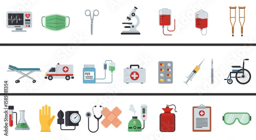 Flat Design Medical Equipment and Healthcare Icons