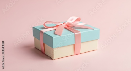 A light blue gift box with a pink ribbon and bow sits on a pink background