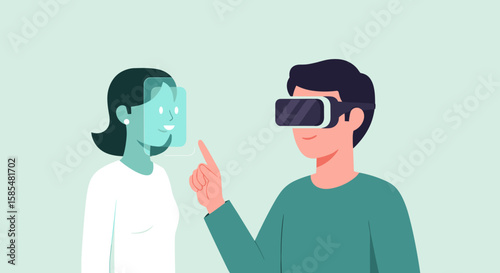 A man wearing a virtual reality headset interacts with a woman whose face is digitally scanned, illustrating futuristic augmented reality technology.