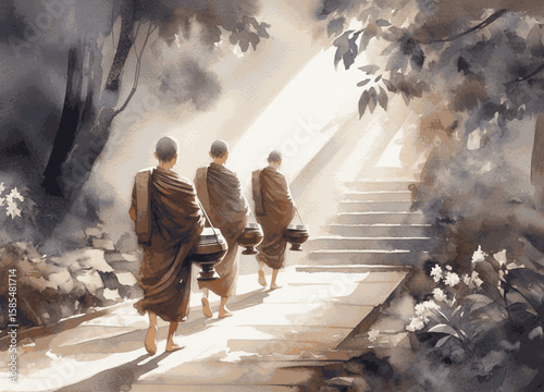Grace of Receiving monks go on alms rounds isolated watercolor vector illustration svg