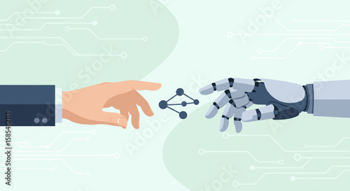A human hand and a robotic arm extending towards each other with a network symbol in between, symbolizing connection, technology, and artificial intelligence.