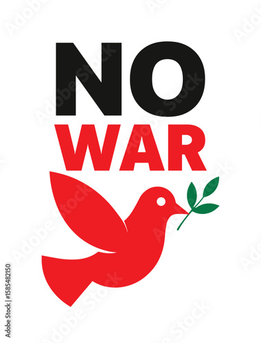 No war vector illustration with red peace dove holding olive branch as anti-war and pacifist protest symbol
