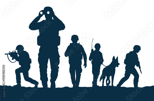 Military team silhouette vector illustration with soldiers in action and army dog on patrol mission