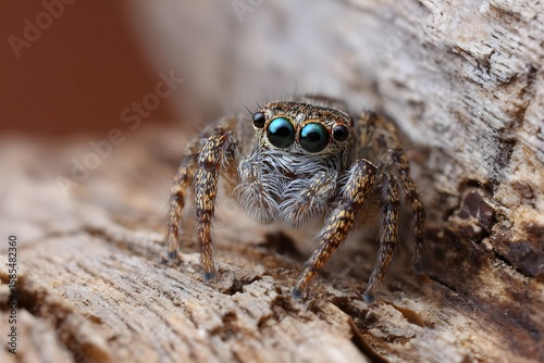 Close-up of a vibrant spider perched on textured wood, showcasing its intricate features and habitat