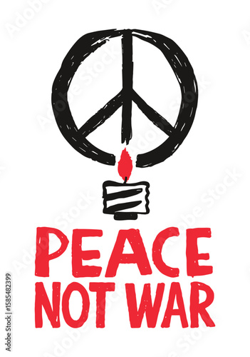 Peace not war vector illustration with hand-drawn peace symbol and red candle flame promoting nonviolence and anti-war message