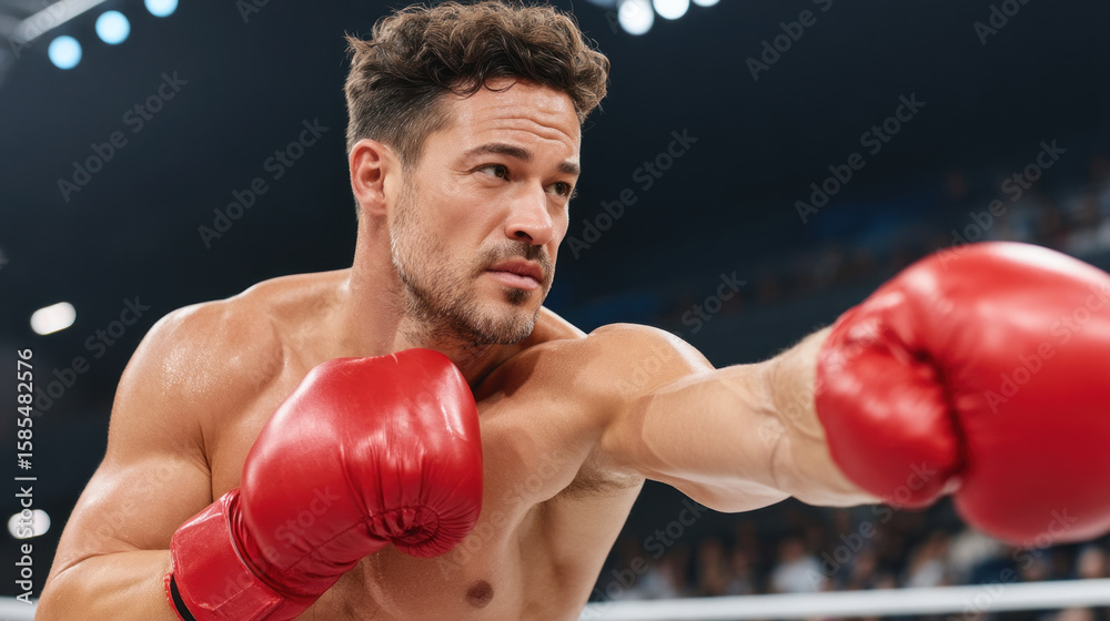 Boxer throwing punch in ring with intense focus, muscular male athlete wearing red gloves, sports competition action Boxer throwing punch in ring with intense focus, muscular male athlete wearing red gloves, sports competition action