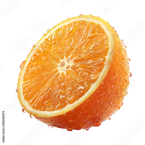 Close up of a juicy orange slice with water droplets glistening on its surface isolated on transparent background