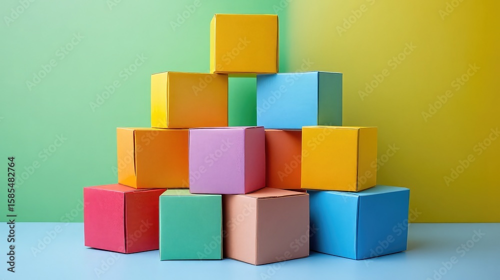 Fototapeta premium Colorful box pyramid display on neutral surface, creative packaging concept for retail, branding, or promotional themes