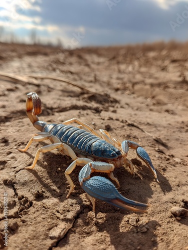 Blue scorpion on dry earth under a cloudy sky, showcasing its vibrant colors in a natural habitat