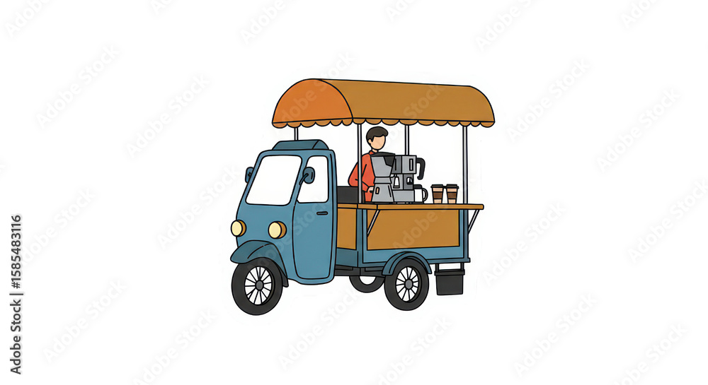 Fototapeta premium Mobile Coffee Cart Illustration with Vendor and Machine