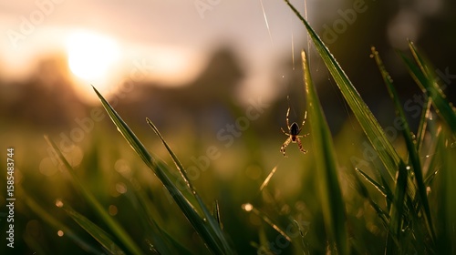 Close-up of a spider on a dew-covered grass blade at sunset, capturing nature's delicate beauty