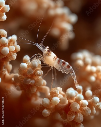 Close-up of a transparent shrimp navigating through coral, showcasing marine life in vibrant colors