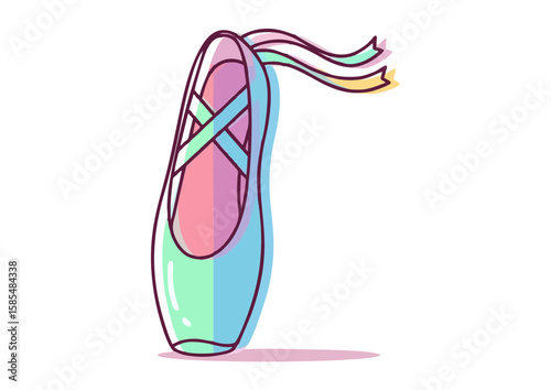 Ballet shoe with colorful ribbons, elegant footwear, dance accessory