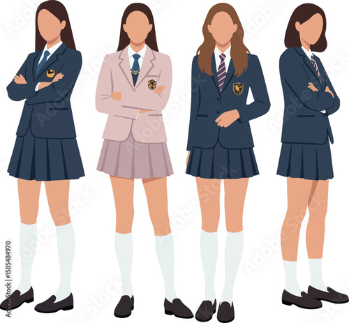 Group of female students wearing school uniforms standing confidently in casual poses vector illustration