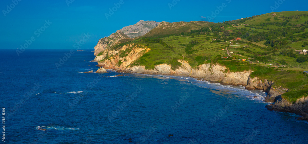 Fototapeta premium Laredo Cliffs Rocky Costline, Seascape from Fortified Complex of El Rastrillar, Laredo, Cantabrian Sea, Trasmiera Comarca, Cantabria, Spain, Europe
