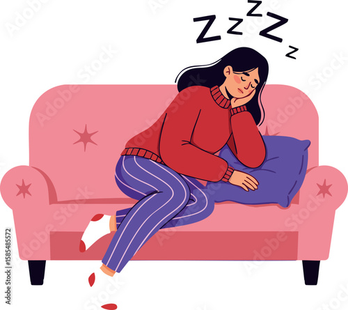 Woman Sleeping on Couch Resting Head on Pillow Relaxing Indoors Cozy Leisure Time Vector Illustration