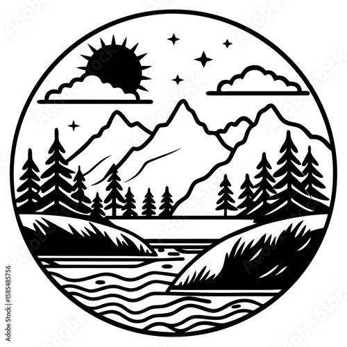 Circular mountain landscape with river sun and stars silhouette