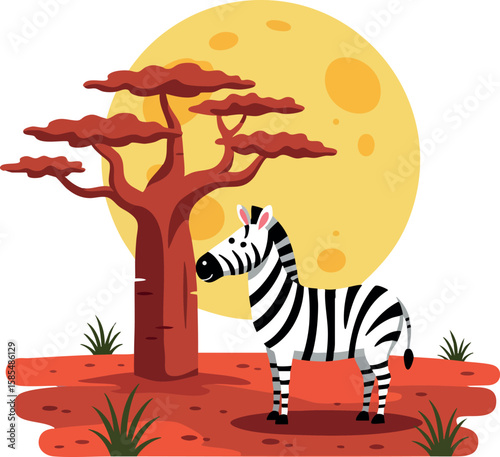 Zebra standing near baobab tree under full moon in African savanna landscape vector illustration
