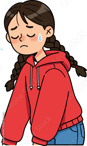 Sad girl with braided hair wearing red hoodie and blue jeans feeling stressed or upset vector illustration