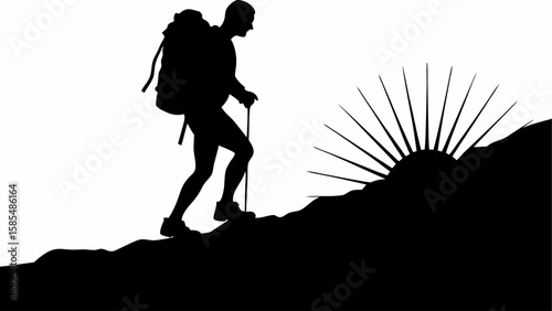 Silhouette of a hiker with backpack and trekking pole climbing a hill with a sunburst in the background