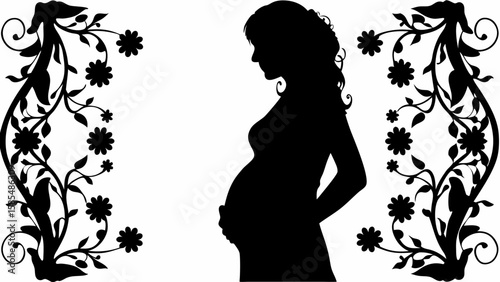 Silhouette of pregnant woman with floral ornaments on both sides in black and white design style art