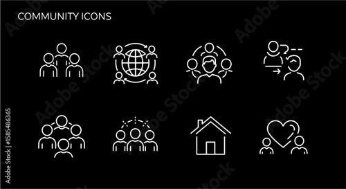 Community Icons Set: People, Global Networking, Social Connections, Teamwork, and Support Line Art Symbols on Black Background