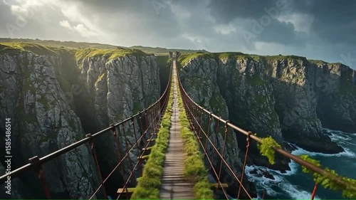 Wallpaper Mural A long suspension bridge crosses a deep chasm between rocky grasscovered cliffs Torontodigital.ca