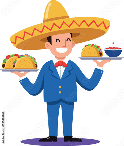 Man wearing traditional sombrero serving tacos and salsa in blue suit with red bow tie vector illustration