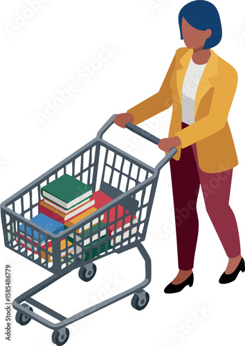 Woman pushing shopping cart full of books in isometric style vector illustration for education and shopping concept
