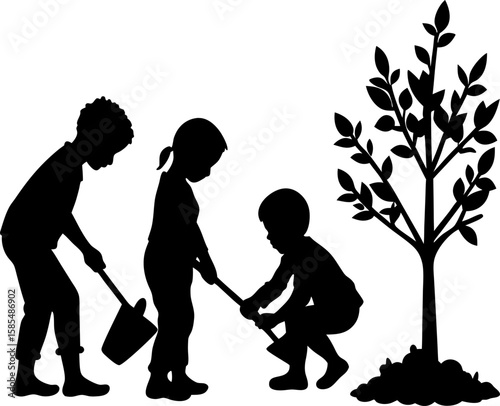 children and daughter Planting trees