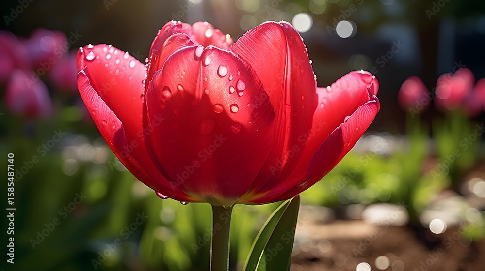 Fototapeta premium A stunning red tulip displays its beauty, glistening with fresh morning dew in a tranquil garden setting.