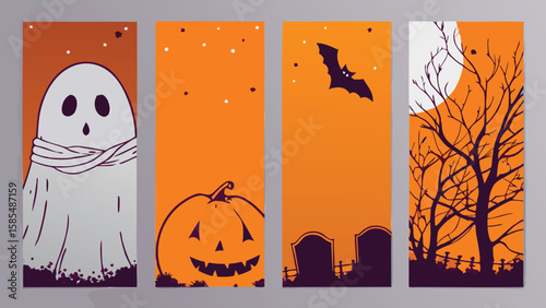 Halloween themed banners featuring a ghost, pumpkin, bat, tombstones and a spooky tree scene