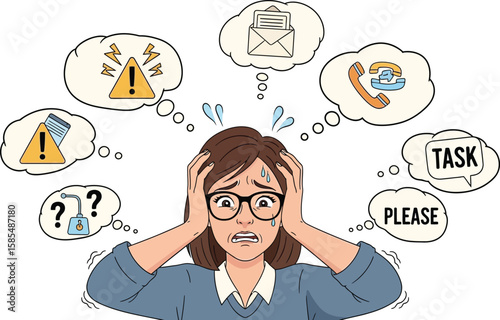 Stressed Woman with Mental Overload Vector Illustration: Information Anxiety, Task Pressure, Multitasking Burden, Workplace Stress, Communication Chaos.