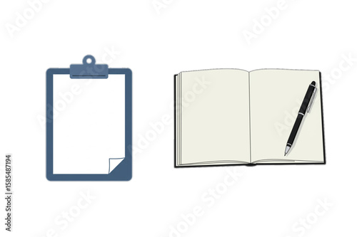 A clipboard with paper and a notebook with pen design element is perfect for scalable notes and checklist themes.