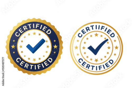 Two certified badges with checkmarks and starburst borders show qualification for product certification and quality assurance.