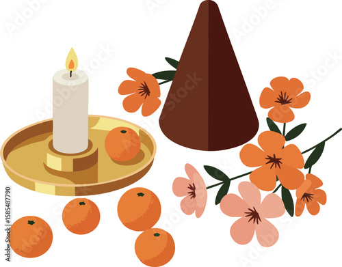 Candle with tray surrounded by oranges flowers and incense cone for cozy decoration vector illustration