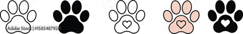 Animal Paw Prints Vector Icon Set with Heart Symbol: Pet Love, Dog Cat Footprint, Cute Trail, Best Friends, Animal Care Design.