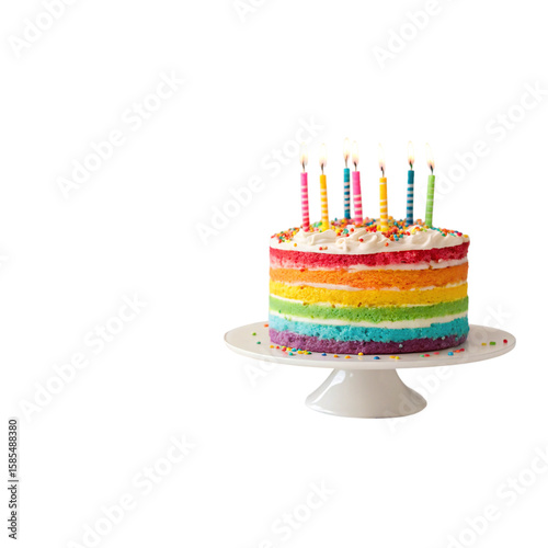 Celebrating with a colorful rainbow cake adorned with festive candles on a white stand, perfect for birthdays and joyous occasions, set against a black backdrop, transparent background
