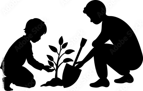 Two brothers together plant a tree seedling. Silhouette vector on white background
