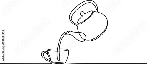 Teapot pouring tea into cup in continuous one line drawing, minimalist kitchenware vector illustration

