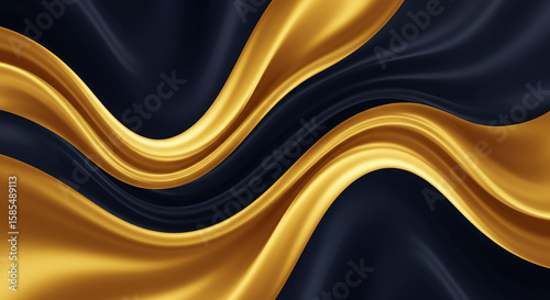 Smooth, flowing gold and blue silk textile with a luxurious wave pattern for elegant backgrounds