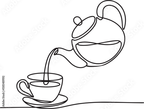 Teapot pouring tea into cup in continuous one line drawing, minimalist kitchenware vector illustration

